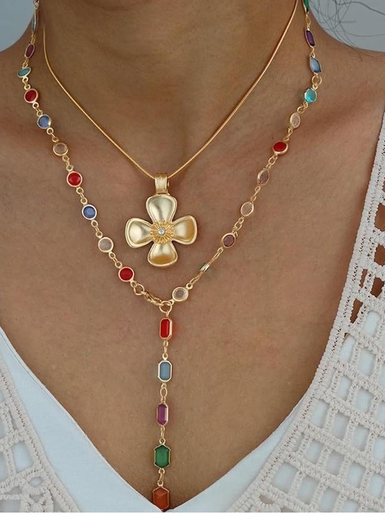 Anthropologie Jewelry - Anthropologie Gold Flower Pendant Necklace with Multi-Color Gem Drops